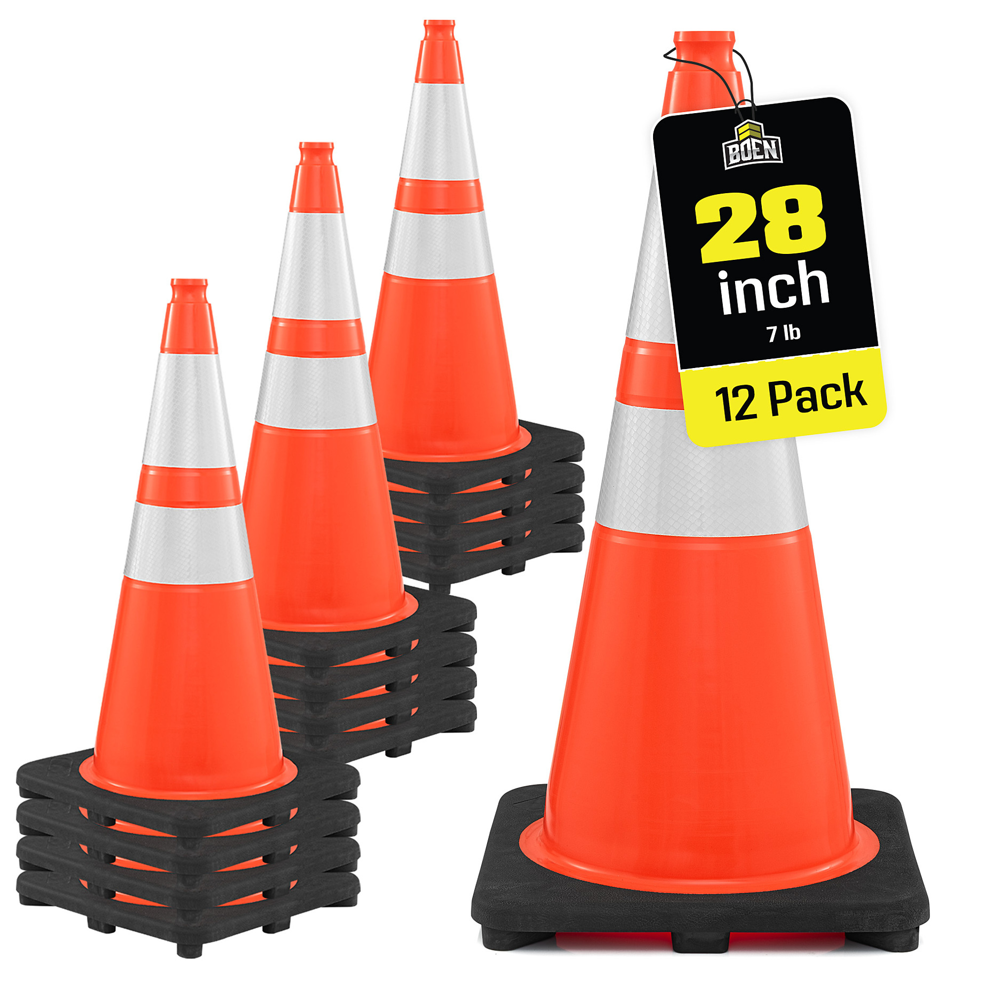Boen 28 in. Orange Traffic Cones, 12-Pack, MUTCD Compliant Traffic Cones with 2 Reflective Collars & 7 lb. Base for Road Work, Parking & Traffic Control